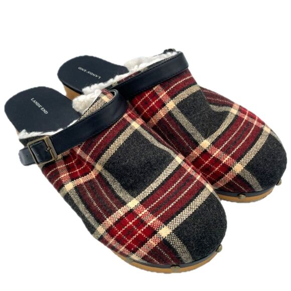 Lands’ End Girls Skylar Shearling Clogs Plaid Slip-On Red Tartan Christmas 5M - Picture 2 of 5